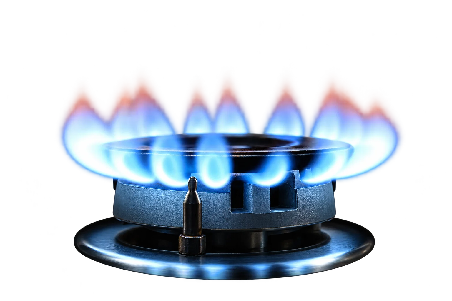 Gros plan sur un brûleur de cuisinière à gaz allumé, dont les flammes bleues se détachent sur un fond sombre.