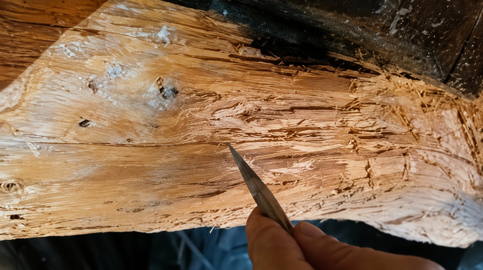Gros plan sur une poutre en bois rongée par des insectes, dont la surface est sondée avec la pointe d'une lame tenue à la main.
